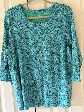 J. Jill Paisley Blue & Light Green Scoop Neck  100% Pima Cotton Tee Sz L